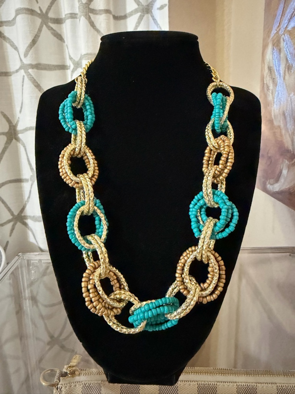 Turquoise and Gold Beaded Link Necklace - Women Jewelry